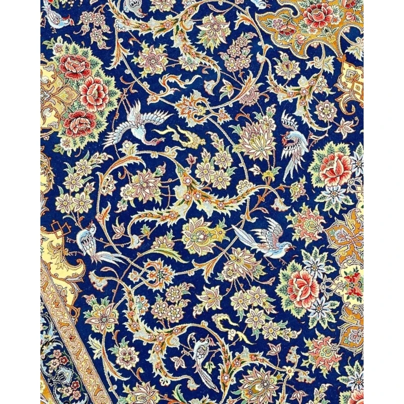 "Beautiful blue Persian rug for luxury living spaces, hand-knotted with silk and wool details."