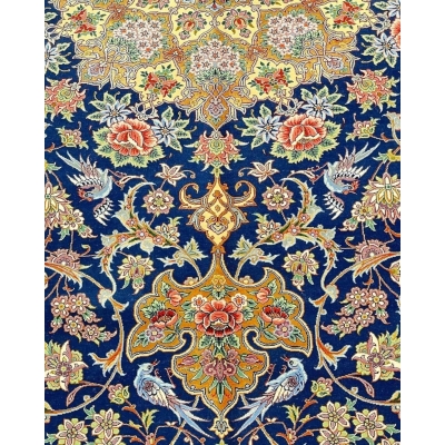 "Decorative blue Persian rug, handwoven with silk and wool, available now in a unique design."
