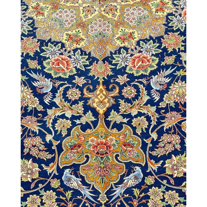 "Decorative blue Persian rug, handwoven with silk and wool, available now in a unique design."