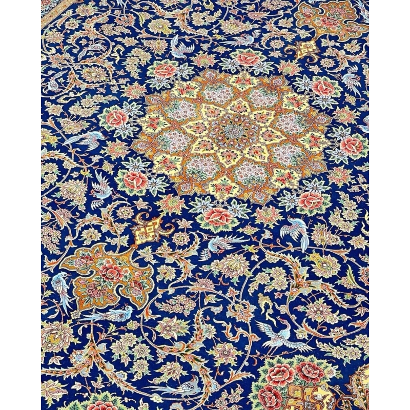 "Authentic Isfahan Persian rug, navy blue with traditional designs, made from wool and silk."