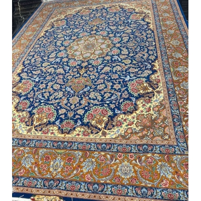 "Unique blue Persian wool rug, designed by weaver Habib, blending silk and wool in an intricate pattern."