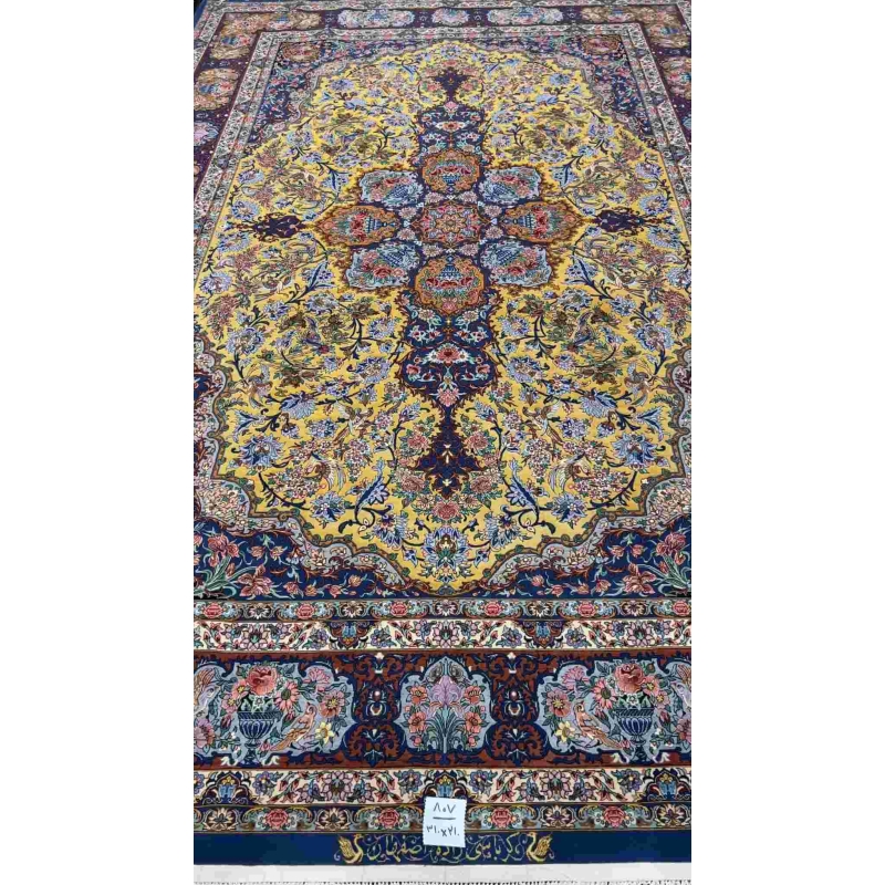 "Hand-knotted Isfahan Persian rug in vibrant floral patterns, 10.2 x 6.9 ft, by Karbasie Zadeh."