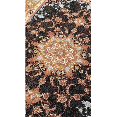 "Elegant black Persian rug with silk borders and medallion, 9.2 x 6.5 feet, showcasing fine craftsmanship."