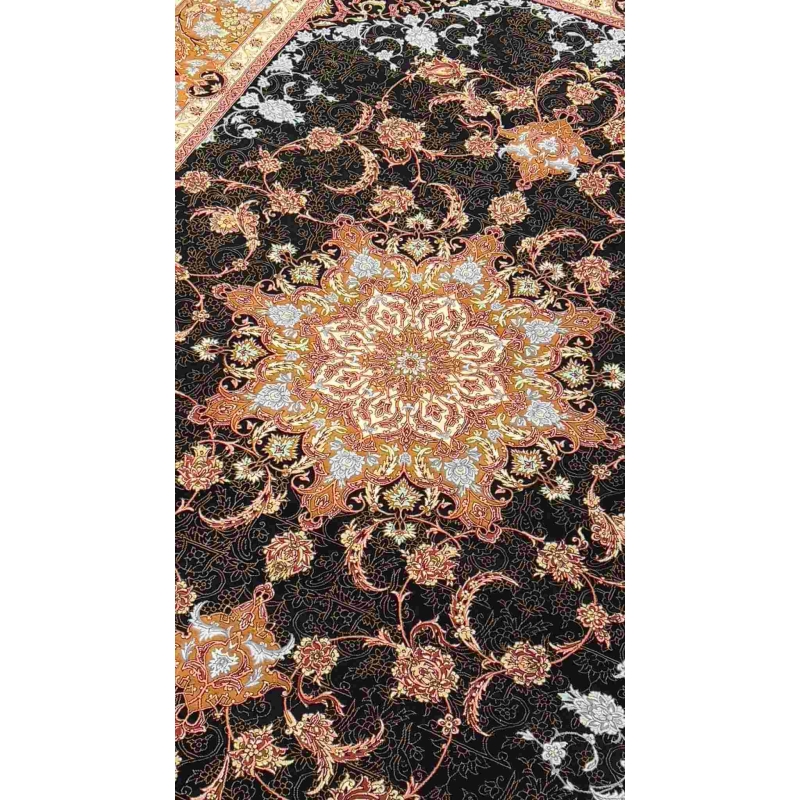 "Elegant black Persian rug with silk borders and medallion, 9.2 x 6.5 feet, showcasing fine craftsmanship."