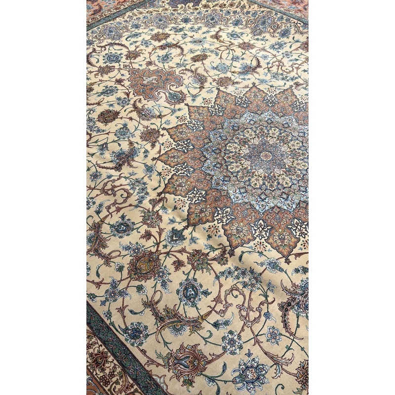 "Luxury wool and silk Isfahan Persian rug, masterfully crafted by Habib, featuring intricate blue, beige, and rust motifs."