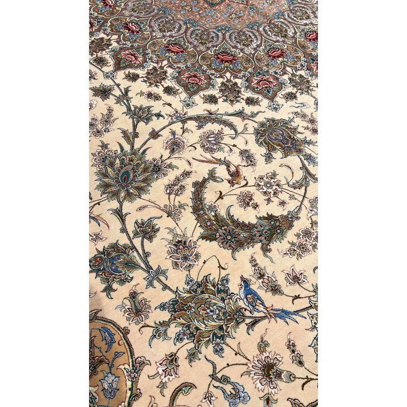 "Exquisite 13x10 feet Persian rug from Isfahan, hand-knotted with silk floral patterns, ideal for living rooms and formal spaces."