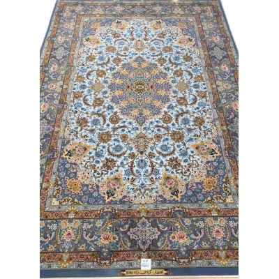 "Handmade light blue Persian carpet by Karbasie Zadeh, 305x205 cm, crafted in Isfahan."