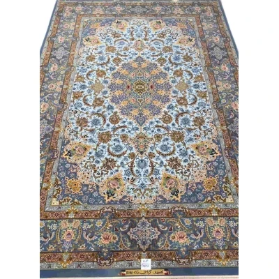 "Handmade light blue Persian carpet by Karbasie Zadeh, 305x205 cm, crafted in Isfahan."