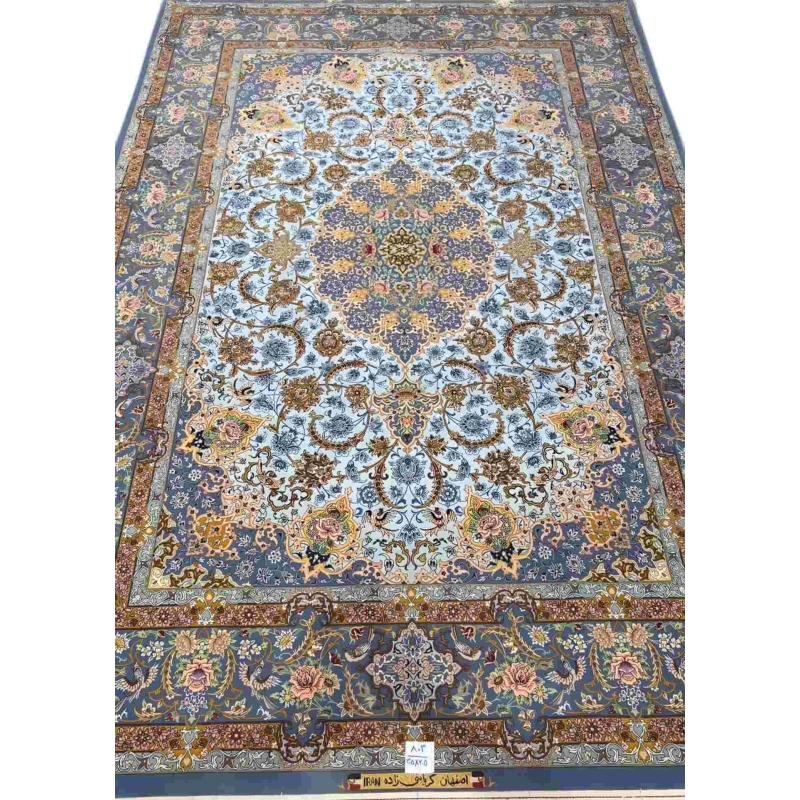 "Handmade light blue Persian carpet by Karbasie Zadeh, 305x205 cm, crafted in Isfahan."