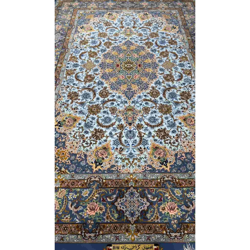 "Side view of the finest light blue Persian carpet, showcasing the hand-knotted craftsmanship."