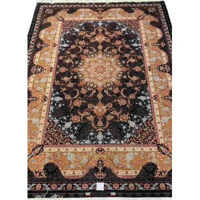 "Hand-knotted black Persian rug with silk medallion, 9.2 x 6.5 ft, by Master Hassan Dardashtie."