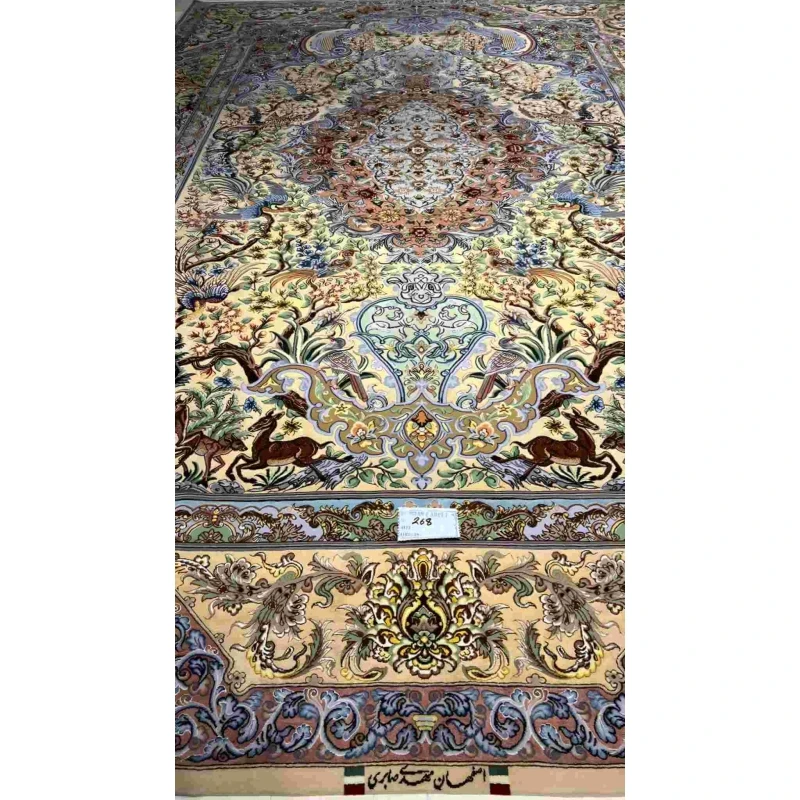 "Colorful Isfahan silk rug with intricate floral and animal motifs, 10.2 x 6.7 feet."