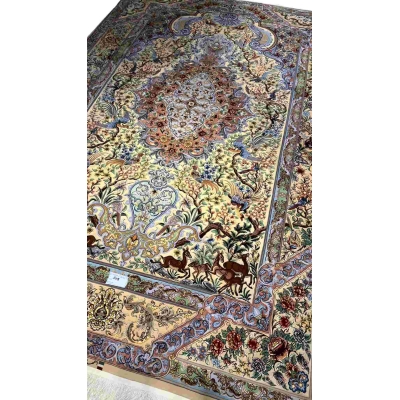 "Masterfully crafted Isfahan silk rug by Mehdie Saberie, showcasing vibrant colors and Persian artistry."