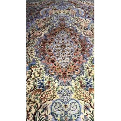 "Close-up of the detailed silk field floor on the hand-knotted Isfahan Persian rug."