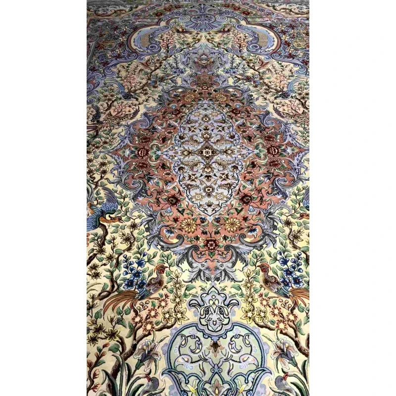 "Close-up of the detailed silk field floor on the hand-knotted Isfahan Persian rug."