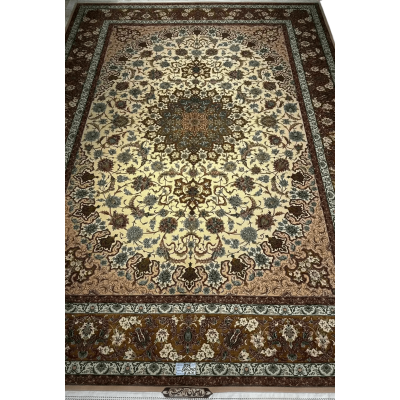 "Exquisite Isfahan Persian rug with intricate wool and silk design in 9x12 dimensions, perfect for living room decor."
