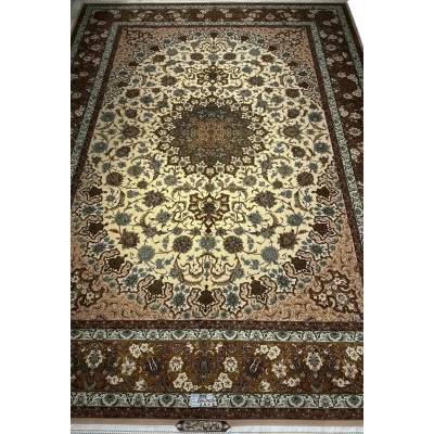 "Exquisite Isfahan Persian rug with intricate wool and silk design in 9x12 dimensions, perfect for living room decor."
