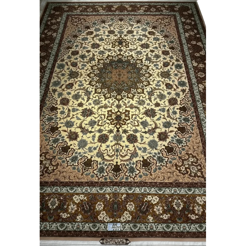 "Exquisite Isfahan Persian rug with intricate wool and silk design in 9x12 dimensions, perfect for living room decor."