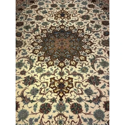 "Authentic Persian rug in 350 cm x 250 cm size, featuring high knot density, silk warp, and wool pile for elegant decor."