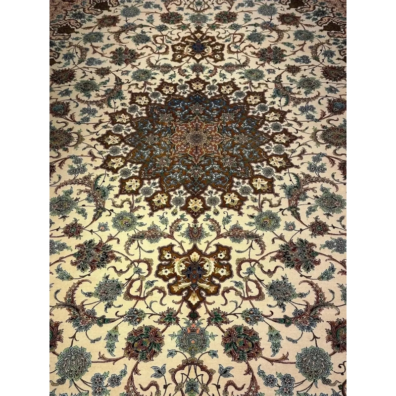 "Authentic Persian rug in 350 cm x 250 cm size, featuring high knot density, silk warp, and wool pile for elegant decor."