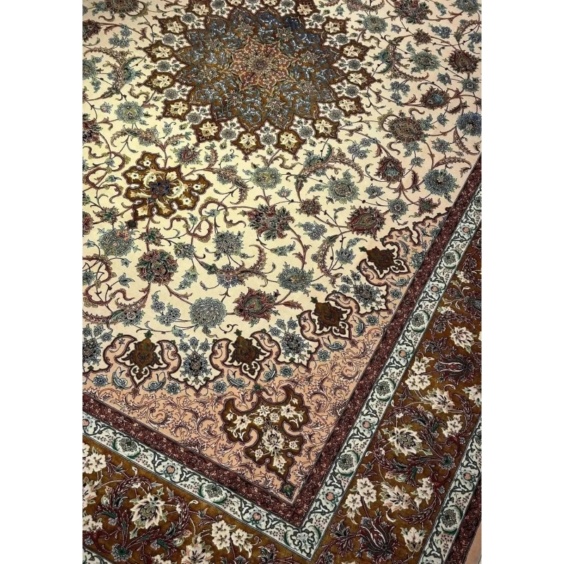 "Hand-knotted Persian rug from Isfahan featuring a traditional 8x10 design with wool and silk blend for a luxury home look."
