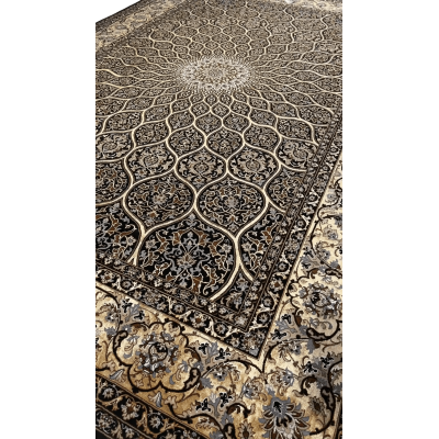 Full view of Davarie's Elegant Black Rug with Dome pattern and ornate border