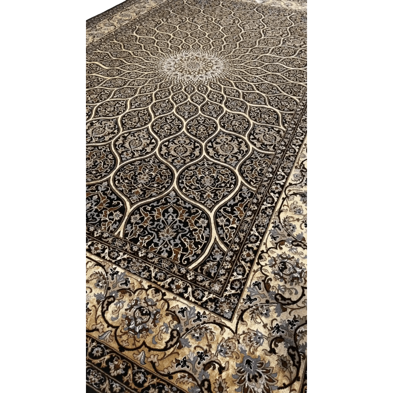 Full view of Davarie's Elegant Black Rug with Dome pattern and ornate border
