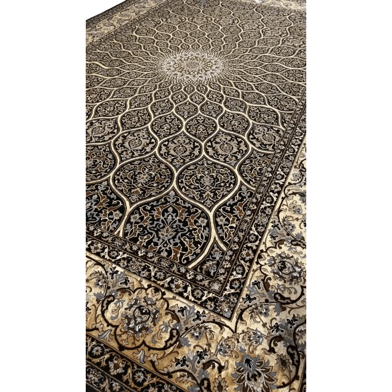 Full view of Davarie's Elegant Black Rug with Dome pattern and ornate border
