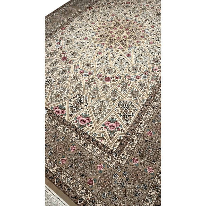 Full view of a beige Persian rug with elaborate floral designs