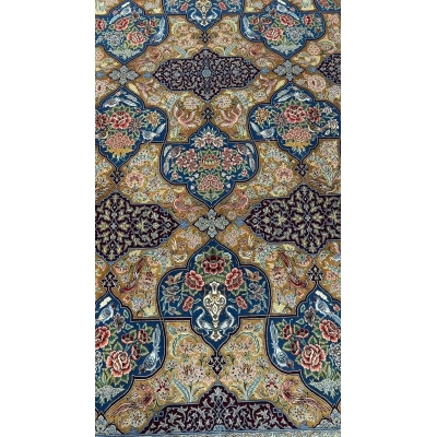 Luxurious Persian rug with detailed floral design and birds, made from 75% silk and wool, handwoven in Isfahan.