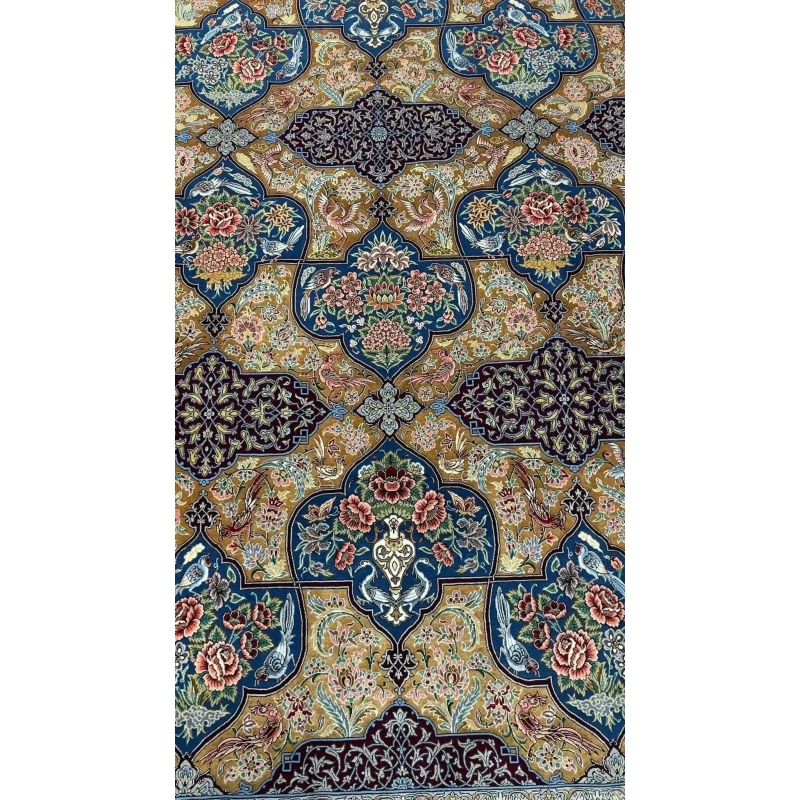 Luxurious Persian rug with detailed floral design and birds, made from 75% silk and wool, handwoven in Isfahan.
