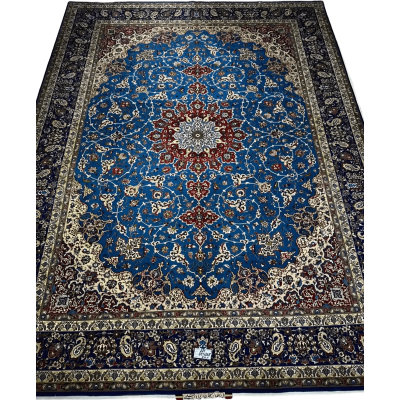 Majestic Persian Rug with Blue and Red Medallion Design – A full view of a large hand-knotted Persian rug, featuring a striking blue field with intricate red and ivory medallion patterns, bordered by elegant floral motifs, perfect for adding grandeur to any room.

