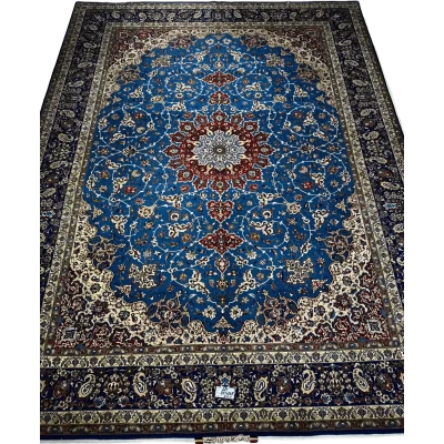 Majestic Persian Rug with Blue and Red Medallion Design – A full view of a large hand-knotted Persian rug, featuring a striking blue field with intricate red and ivory medallion patterns, bordered by elegant floral motifs, perfect for adding grandeur to any room.

