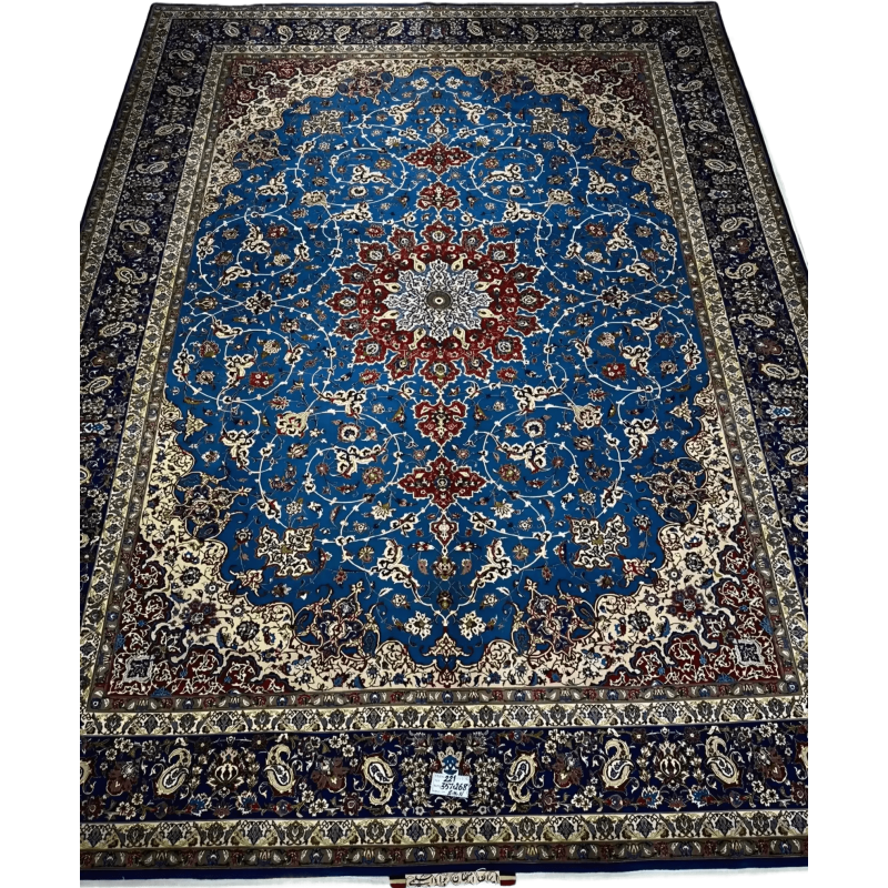 Majestic Persian Rug with Blue and Red Medallion Design – A full view of a large hand-knotted Persian rug, featuring a striking blue field with intricate red and ivory medallion patterns, bordered by elegant floral motifs, perfect for adding grandeur to any room.