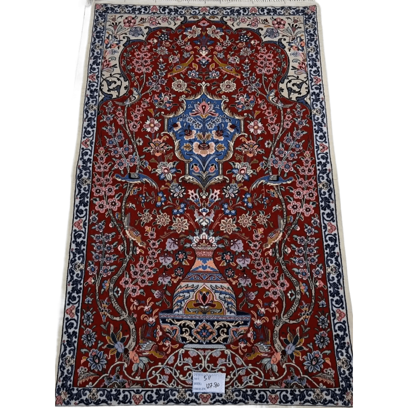 Handmade traditional carpet in red with floral motifs, 127x80 cm
