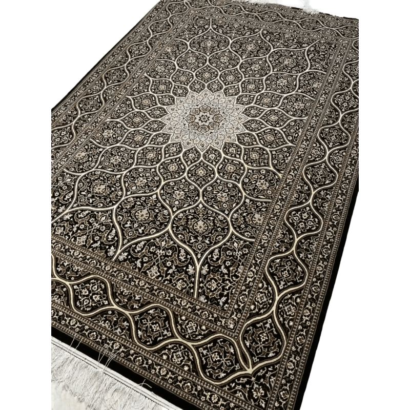 "Hand-knotted Persian rug from Isfahan with silk and wool blend, 240x160 cm, featuring intricate patterns and a knot density of 640,000 knots/m², adding a touch of luxury and tradition to your space. Ideal for home decor enthusiasts seeking authentic Persian craftsmanship."