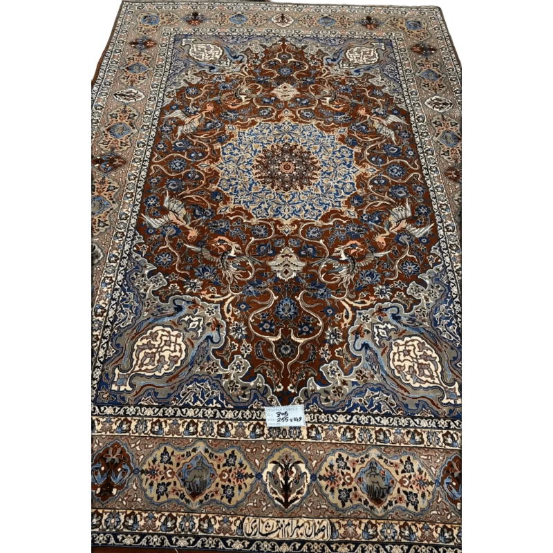 "Exquisite 50-year-old hand-knotted Persian rug from Isfahan, Iran, by Bahram Entesharie. This luxurious silk and wool rug features a large medallion and measures 255 cm x 149 cm with 1,000,000 knots/m²."