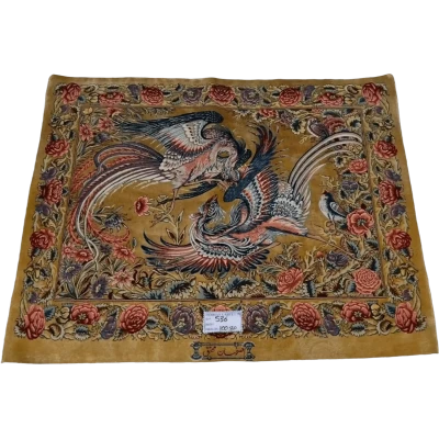 "Intricately hand-knotted Persian Kerman rug with a unique pictorial style. This luxury area rug features elegant wool and silk blends, perfect for adding a sophisticated touch to any room. Available for sale online now."