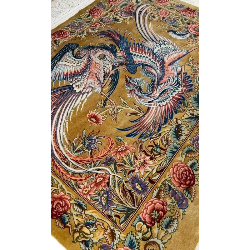 "Exquisite Persian rug featuring a stunning pictorial design, made from premium wool and silk. Handcrafted by skilled artisans in Isfahan, this unique piece is available for sale as an elegant décor option."