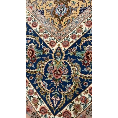 "Hand-knotted Isfahan Sheikh Bahaie rug in blue and gold floral design, 350x250 cm, silk and wool blend."