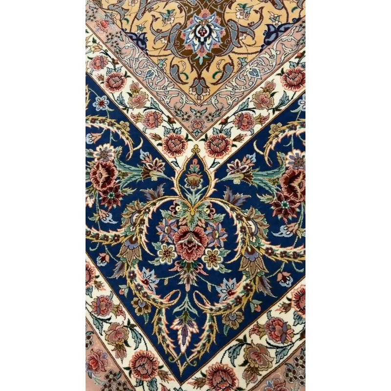 "Hand-knotted Isfahan Sheikh Bahaie rug in blue and gold floral design, 350x250 cm, silk and wool blend."