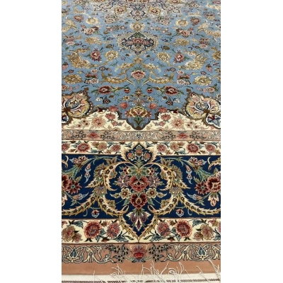 "Luxury silk and wool Isfahan Sheikh Bahaie rug, 350x250 cm, displaying fine floral patterns and elegant craftsmanship."