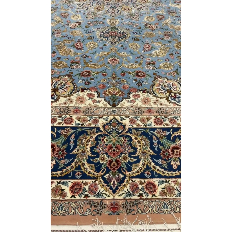"Luxury silk and wool Isfahan Sheikh Bahaie rug, 350x250 cm, displaying fine floral patterns and elegant craftsmanship."