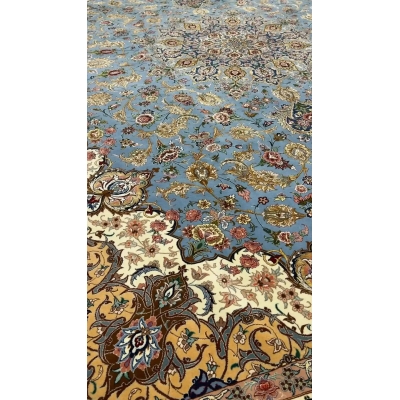 "Side angle of the Isfahan Sheikh Bahaie rug, highlighting the high knot density and fine silk details."