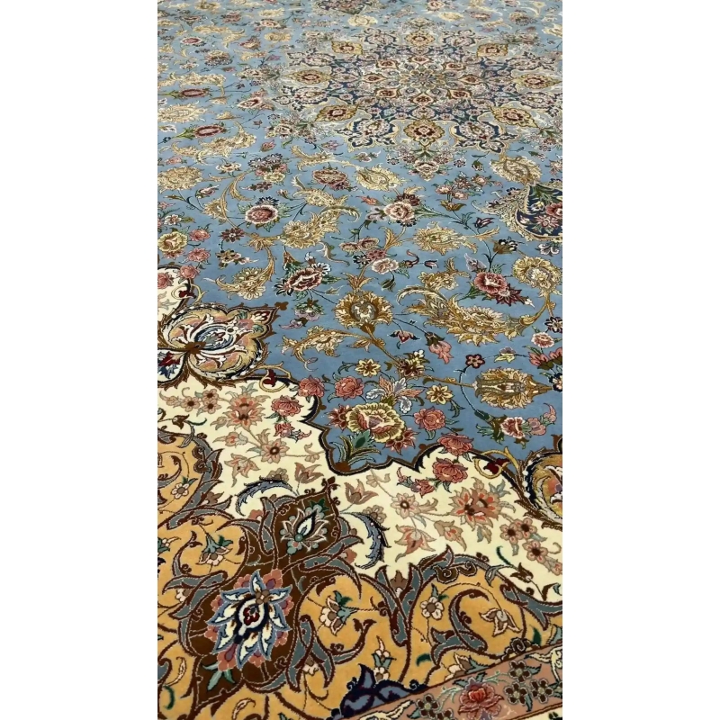 "Side angle of the Isfahan Sheikh Bahaie rug, highlighting the high knot density and fine silk details."