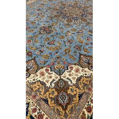 "Luxury Persian Isfahan rug in detailed floral patterns with silk highlights, 350x250 cm, hand-crafted in Iran."