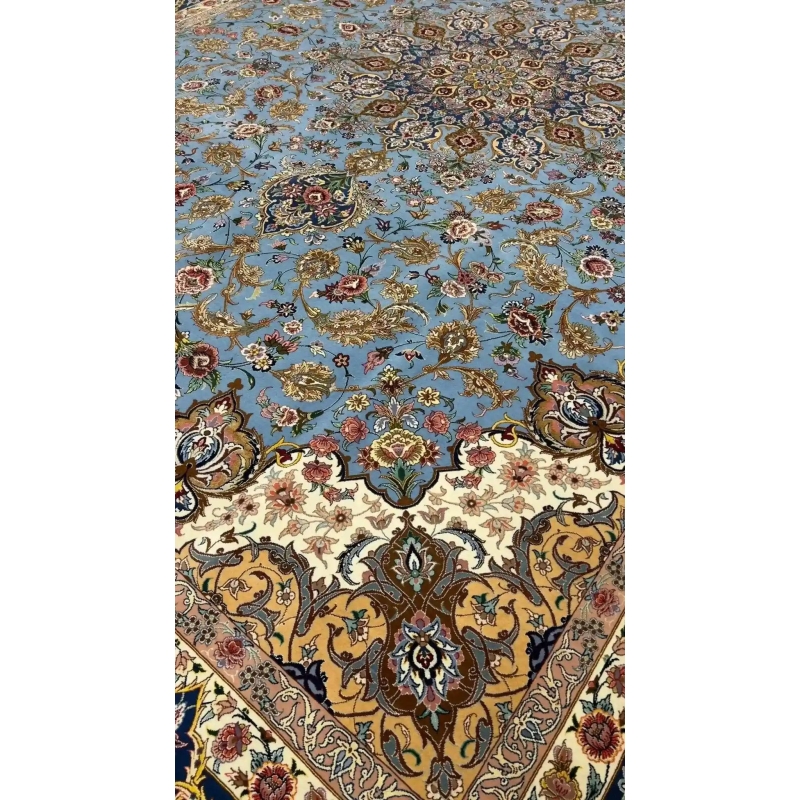 "Luxury Persian Isfahan rug in detailed floral patterns with silk highlights, 350x250 cm, hand-crafted in Iran."