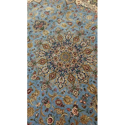 "Top-down view of the hand-knotted Isfahan Persian rug, showcasing traditional Persian craftsmanship and intricate detailing."