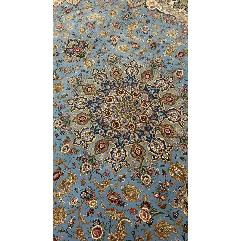 "Top-down view of the hand-knotted Isfahan Persian rug, showcasing traditional Persian craftsmanship and intricate detailing."
