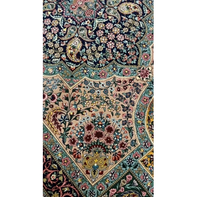 Elegant Samavie Persian Rug – A full view of the Samavie Persian rug laid flat, showcasing its symmetrical design, vibrant colors, and fine details that make it a unique, hand-knotted masterpiece.
